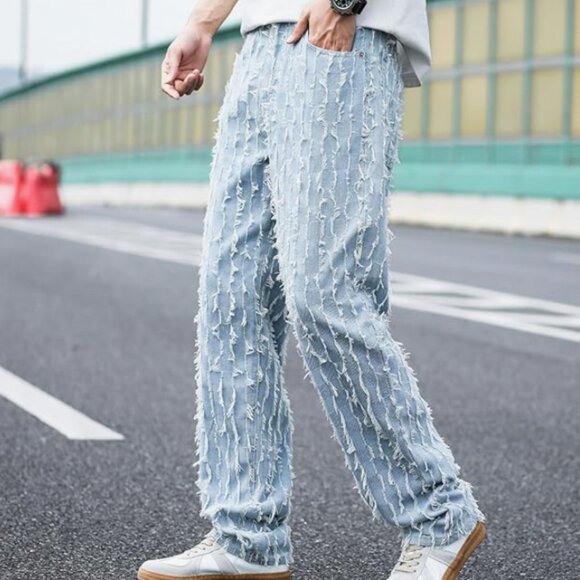 Men's Colorblock Frayed Hem Wide Leg Loose Casual Jeans Y2K Vintage Baggy - Picture 3 of 4